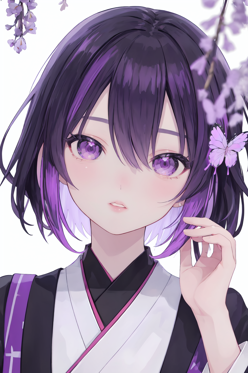 08908-773091252-1girl,kochou shinobu,wisteria,solo,butterfly,bug,purple eyes,flower,hair ornament,purple hair,portrait,black hair,butterfly hair.png